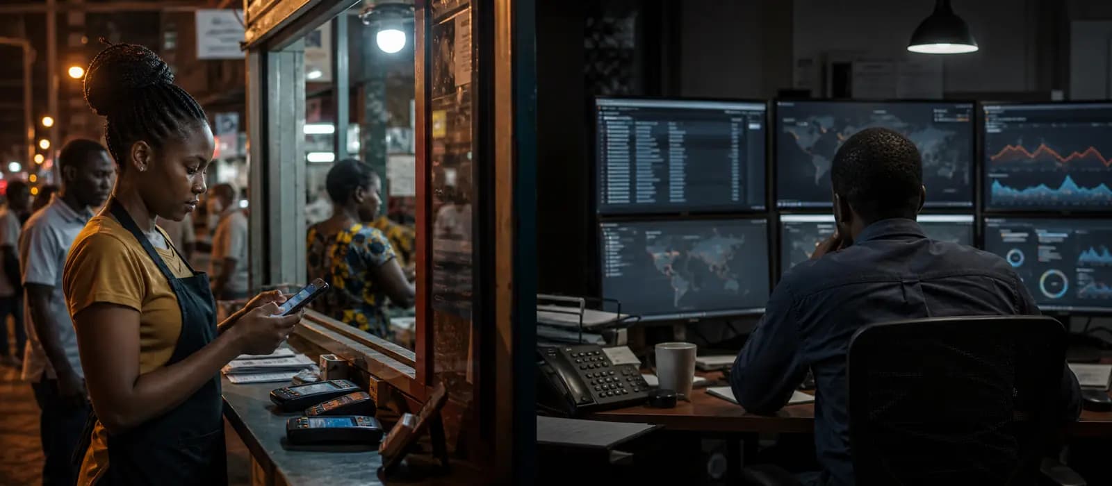 Kiosque mobile money africain avec tableau de détection antifraude et signaux de transaction.