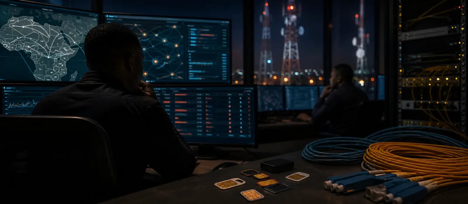 Centre d'opérations télécom avec cartes SIM, câbles fibre et surveillance réseau.